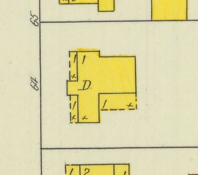 Notice the projecting central tower of the house plan from the 1850s. Courtesy of the Sanborn Map – 1900