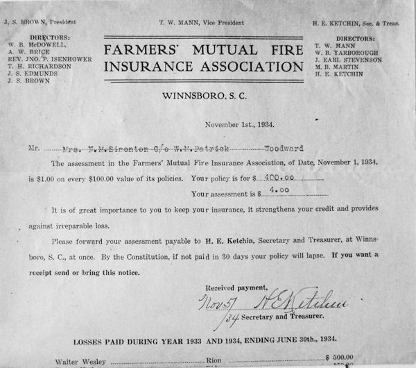 Image of receipt from the Farmer’s Mutual Company – Courtesy of the Patrick & Russell Collection