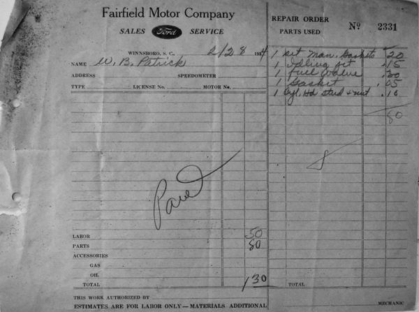 Bill for the Patrick Store at Woodard, S.C.  Courtesy of the Patrick – Russell Collection