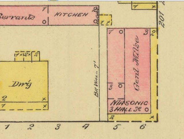 1884 – Sanborn Map diagram of the location of the Masonic Hall on the 3rd floor of the Aiken Hotel.