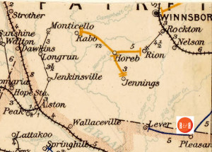 Postal Map of 1896 showing the area of Fairfield County associated with the production of Winnsboro Blue Granite. Courtesy of the Un. of N.C.