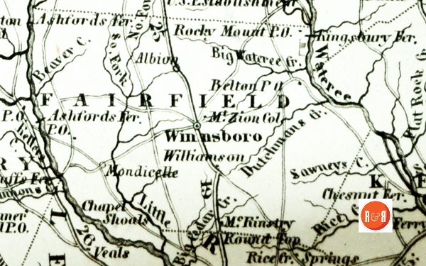 An 1852 route map of SC, showing Fairfield County. Courtesy of the AFLLC Collection.