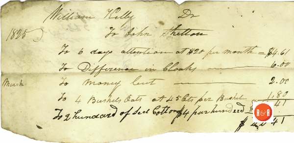 Legal note between John Shelton and Wm. Kelly in 1825. Note the $6.00 difference received for the exchange in clocks.