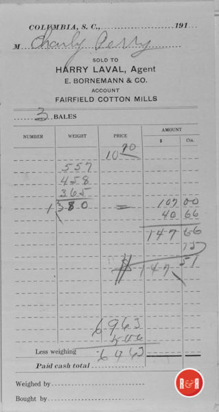 Receipt for three bales of cotton from Charley Perry to the Winnsboro Cotton Mills, Harry Laval, agent.  Courtesy of the Kirkpatrick Family Collection - 2018
