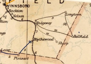 Postal Map of part of Fairfield Co., ca. 1896. Note Ridgeway is the location where the railroad abruptly changes course heading west rather than north. Image courtesy of the Un. of N.C.