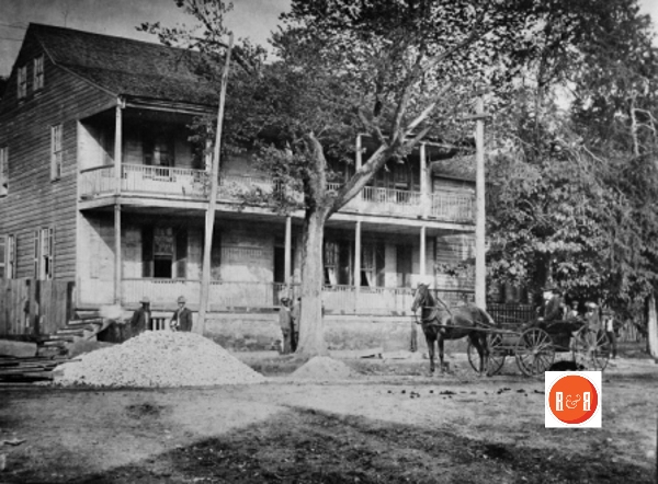 The hotel took up both the Post Office lot as well as the NAPA auto store lot. It burned in 1914, owned by John and Rachel McMaster. John McMaster, was born in 1787, his son Richard Nott McMaster pictured in the carriage. Courtesy of the Fairfield Co Pictorial History and the FC Museum
