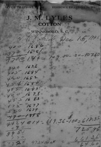 Talley of cotton weights recorded by Mr. Lyles for the Patrick family from Woodward, S.C.