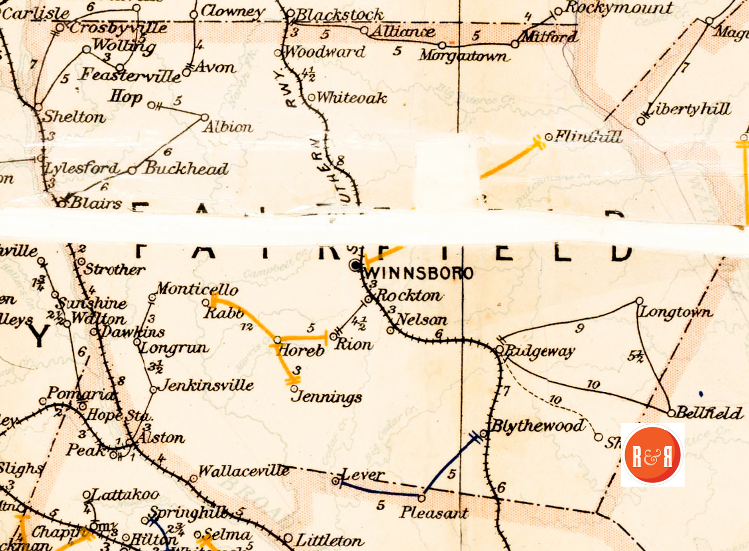 MID 19TH CENTURY MAP OF FAIRFIELD CO SC