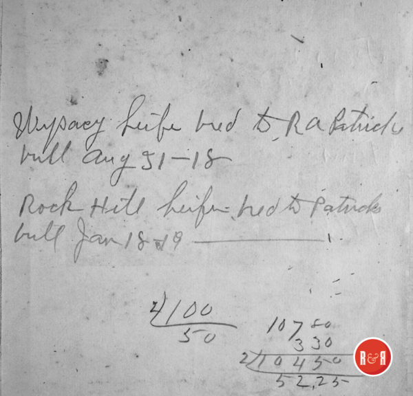 Receipt from 1918-1919 for breeding the Patrick's bull to two of W.L. Kirkpatrick's heifers.  Courtesy of the Kirkpatrick Family Collection - 2018