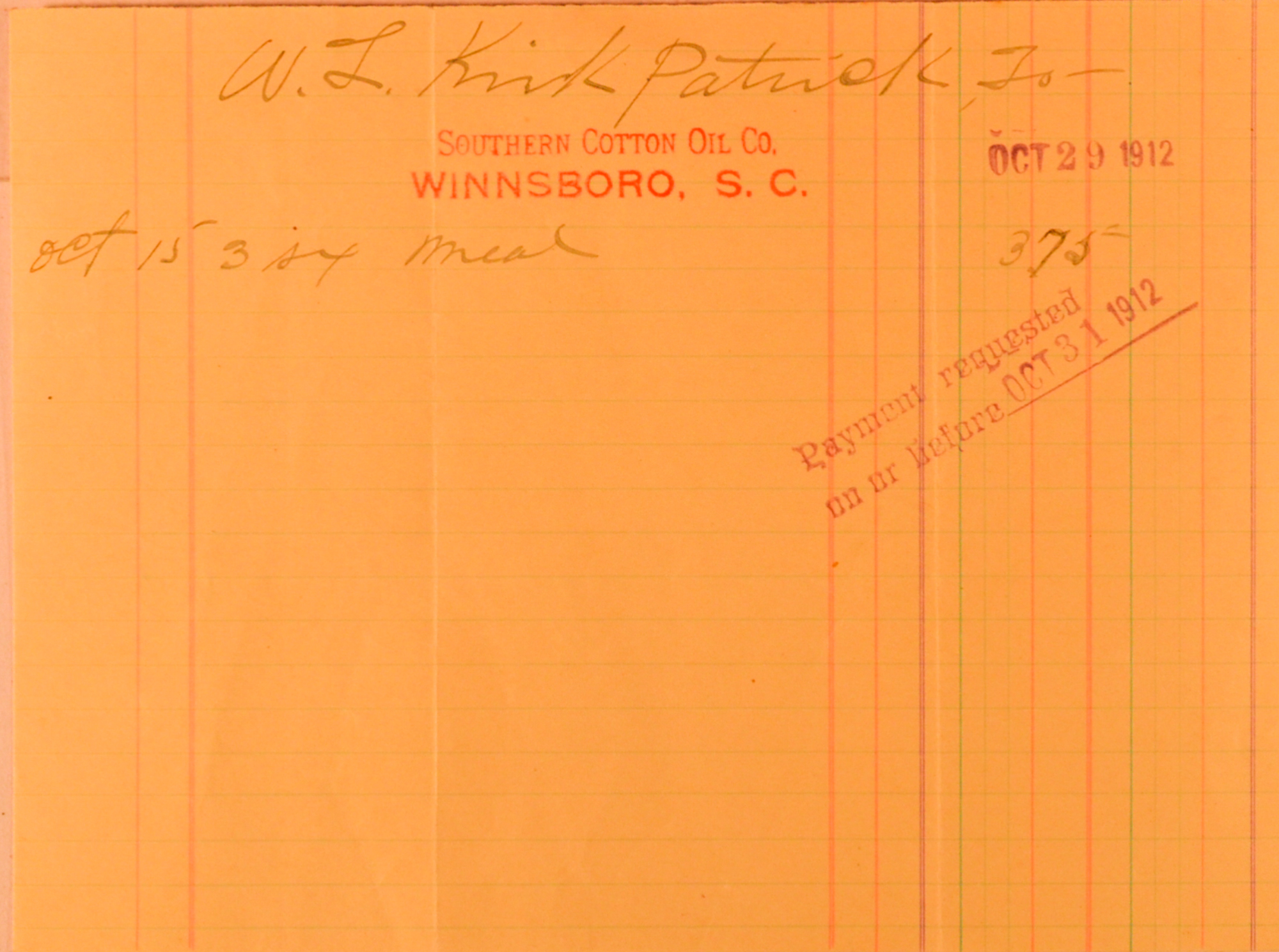 RECEIPT FOR SOUTHERN OIL CO - 1912