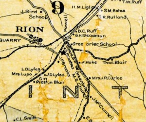 A 1908 map showing the location of the Rion Quarry at Rion and the Greenbrier Community. Courtesy of the Un. of N.C.