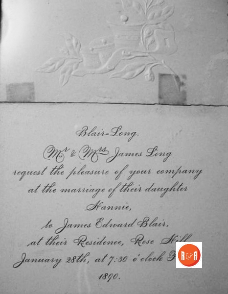 Wedding invitation to Rose Hill in 1890 – Courtesy of the Wilson Collection, 2016