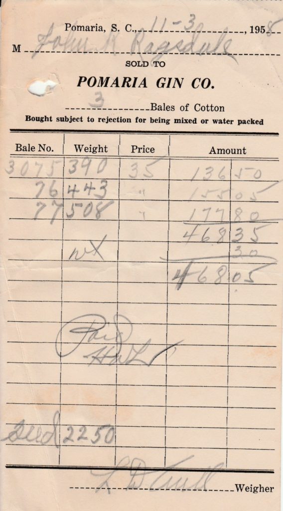 Receipt for the sale of three bales of cotton to the Pomeria Gin in Newberry Co., S.C. - 1958