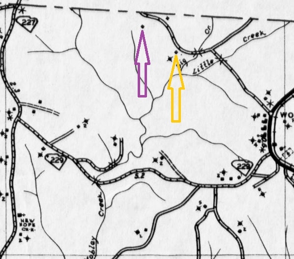 On the attached map segment, the Big Creek and Little Creek are the creeks of Two Creek Road. The square immediately to the left of the word “Big” is the James McQuiston Blaine home (yellow arrow) and the square up and to the left, is the Andrew Blain home (purple).