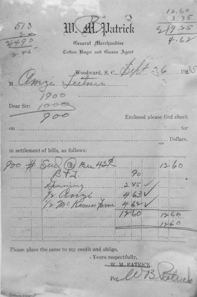 Once the cotton was unloaded from the farmer’s wagons, it was ginned to remove the seed. Seed was valuable as a byproduct, producing cottonseed oil and meal for livestock as well as lubricants. This invoice from 1935, shows the Patrick Gin at Woodward, taking the 900 lbs of seed and crediting the farm owner (Mr. McKeown), for 50% of the income and “most likely” the share cropper, (Mr. Amzi Leitner), the balance of the profit. Note the cotton ginner also charged $2.45 for the ginning, and .90$ for the baling and ties.
