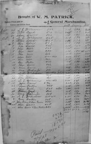 This account shows the individual farmers bringing their cotton to be ginned in 1938. A full account is make of each bale of cotton, its weight, the amount the ginner charged for ginning and the amount due for his services. These ledgers show that ginning was indeed a very profitable business and in doing so, store owners were providing a valuable agricultural and financial service.