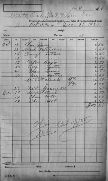Another invoice shows cotton bales being ginning at White Oak, S.C. and shipped at a standard rate, $2.50 per bale.