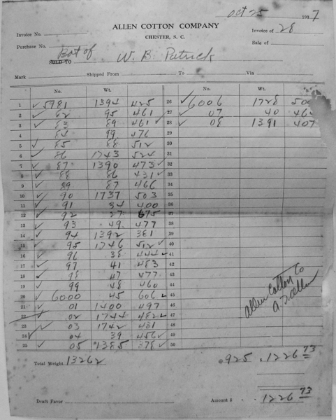 This invoice shows the sale of Patrick’s cotton bales to the Allen Cotton Company of Chester, S.C. These bales appear to be owned by the Patrick’s. The question remains, did they purchase the cotton bales from the farmers directly and resell them, or where these indeed bales of cotton produced on the Patrick’s extensive farmlands?