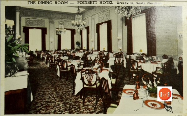 Interior view of the dining room at the Poinsett Hotel.