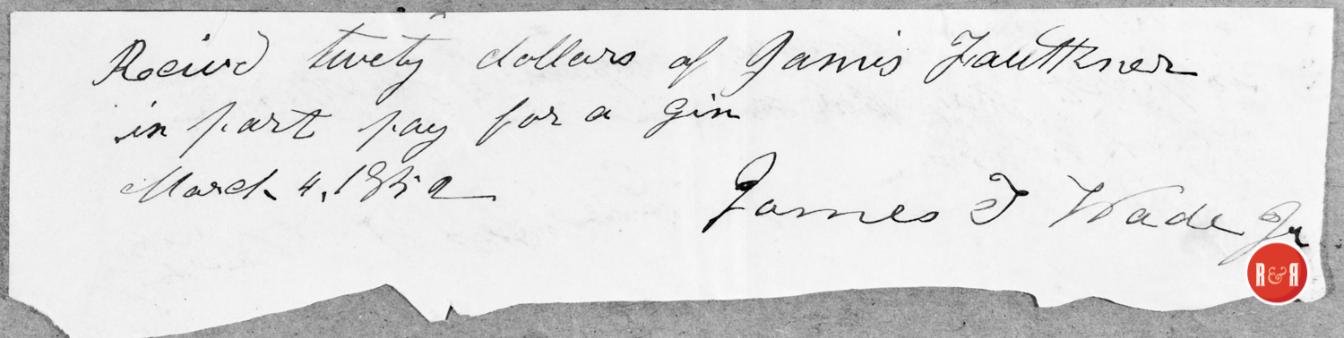 COTTON GIN MAKER JAMES T. WADE, JR. SELLS GIN TO JAMES FAULKNER OF LANCASTER CO SC - 1852