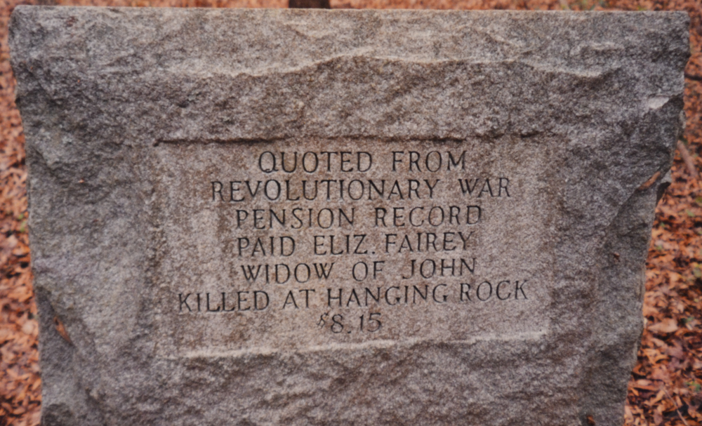 Fairey Monument: Orangeburg Co., S.C. stating John Fairey's widow received a pension for his service in the American Revolution.  He died at the Battle of Hanging Rock, Lancaster, Co., S.C.