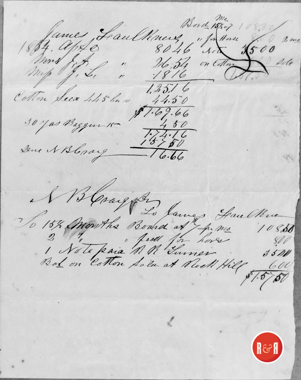 N.B. CRAIG SHIPS COTTON TO ROCK HILL, S.C. - 1854