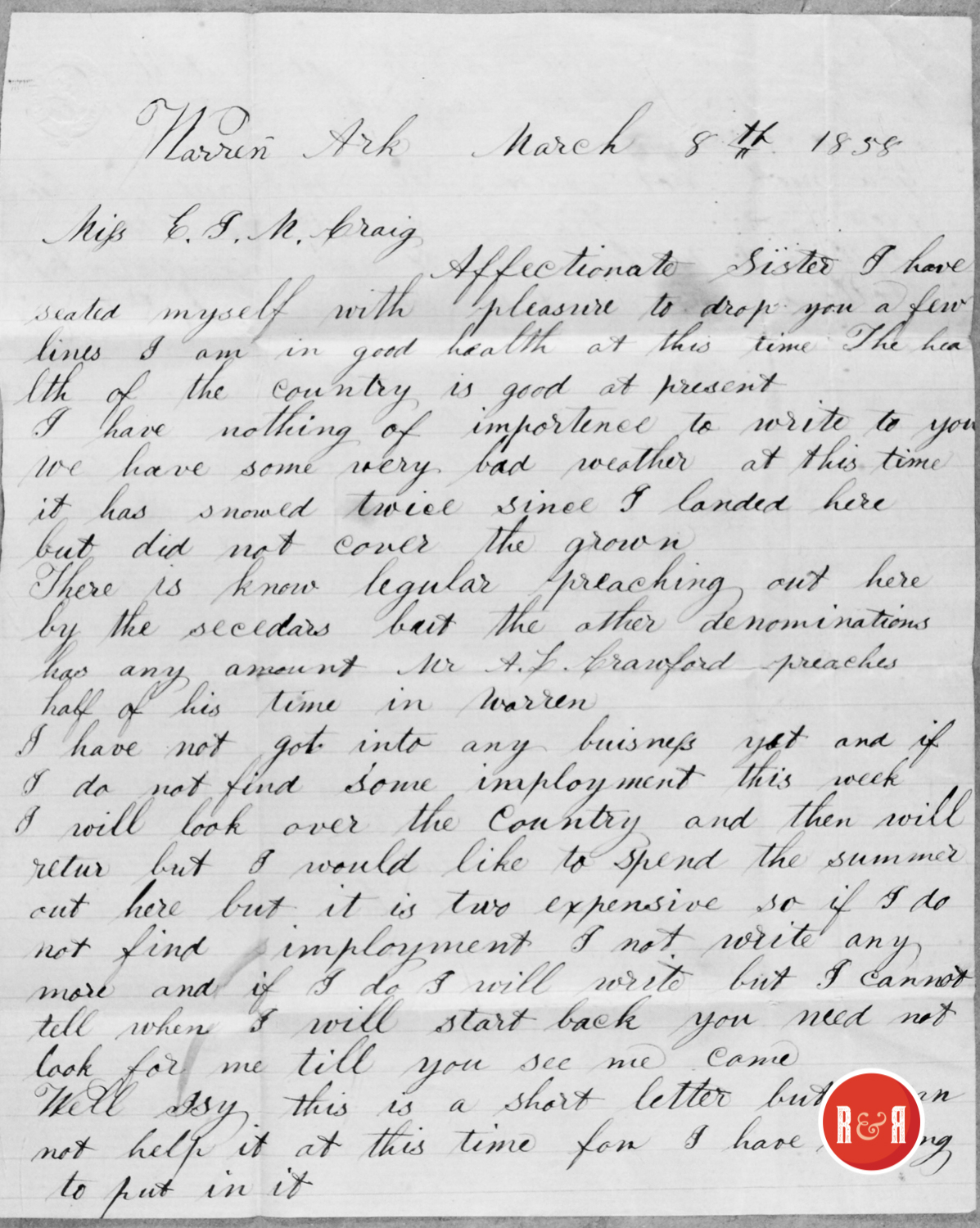 LETTER TO MS. CRAIG FROM WARREN, ARK., - 1858
