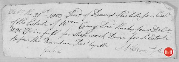 William Craig Estate: David Hutchison of York Co., paid this bill for the Craig Estate, dated Feb. 21, 1803 - Courtesy of the Hutchison Group 2021