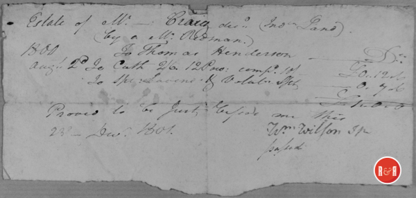 Estate of Wm. Craig, deceased, Indian Land, August 2, 1800 to Thomas Henderson. Proved before Wm. Wilson, JP, December 23, 1801.