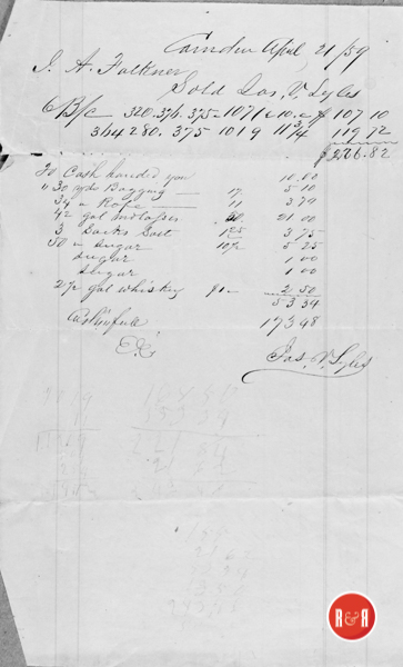 Sale of cotton to James V. Lyles of Camden, S.C. by Wm. James Faulkner - Courtesy of the Faulkner Collection - 2018