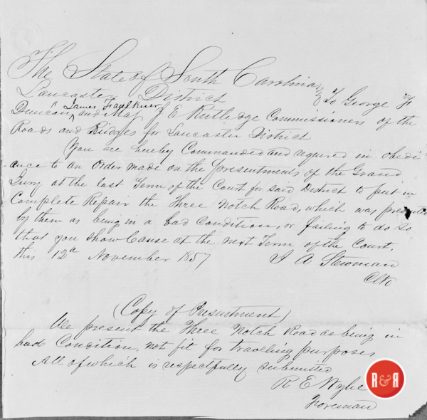 Legal order from Lancaster Co., requiring Road Commissioners James Faulkner, George F. Duncan and Major J.E. Rutledge to make the Three Notch Road in good order. Courtesy of the Faulkner Collection - 2018