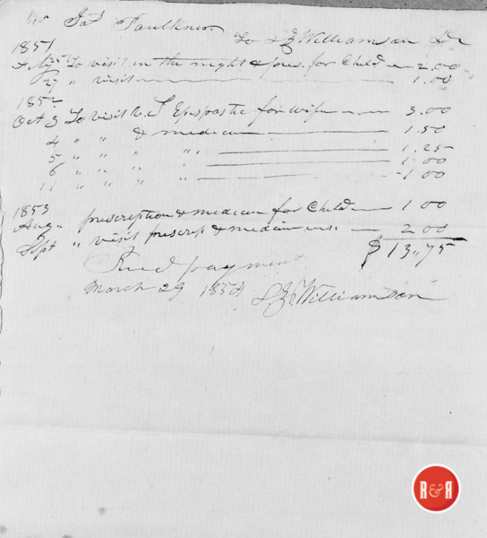 Medical account for Dr. Williamson dated 1851 - Courtesy of the Faulkner Collection, 2018