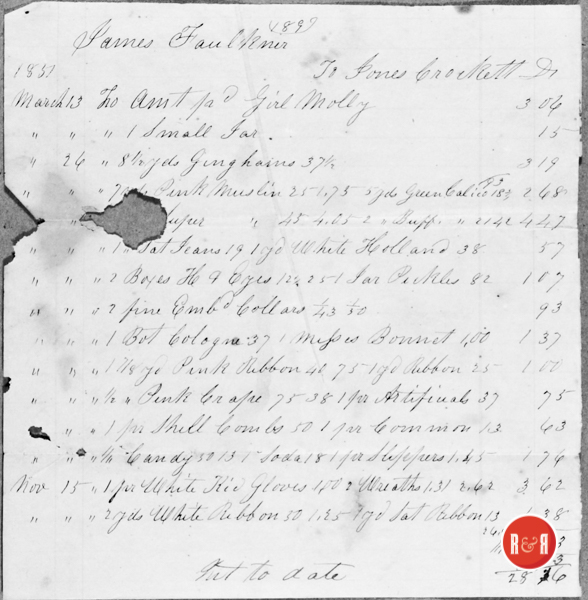 James Faulkner's Account with Jones Crockett in 1857.  Courtesy of the Faulkner Collection - 2018