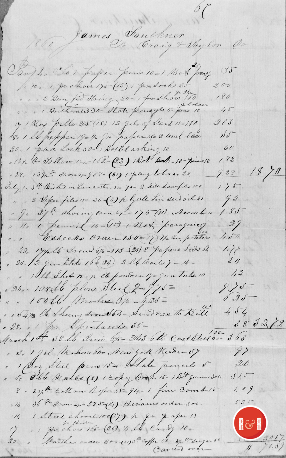 LEDGER FROM CRAIG AND TAYLOR - 1860, p. 1
