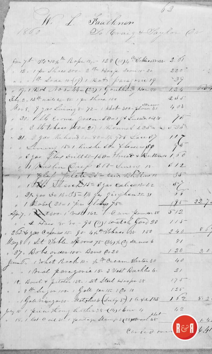 LEDGER FROM CRAIG AND TAYLOR - 1860