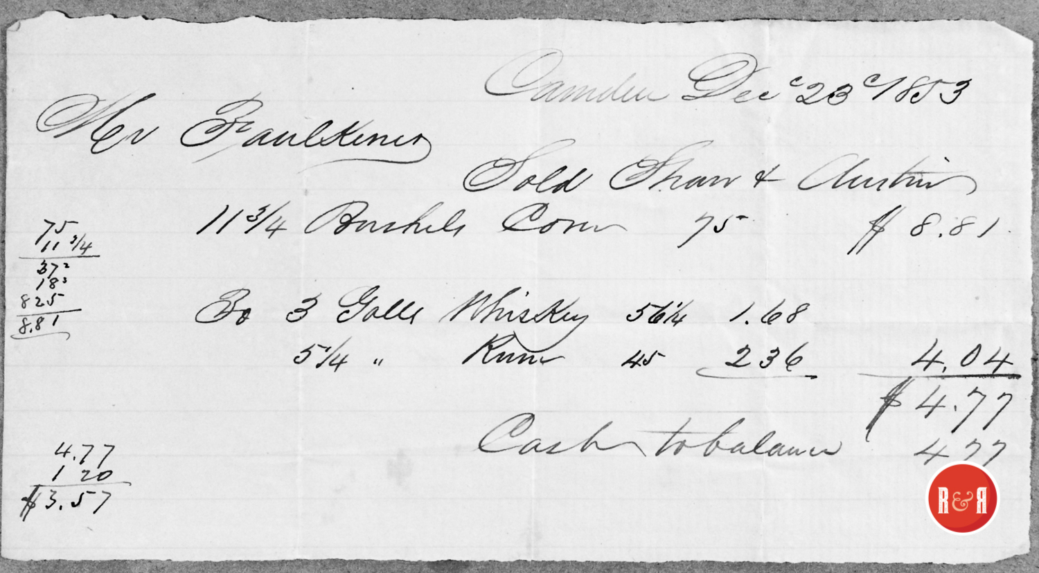 RECEIPT FROM SHAW AND AUSTIN OF CAMDEN, S.C. - 1853