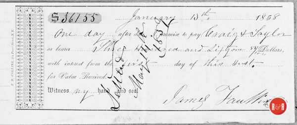 1858 note borrowing $360. from the firm of Craig and Taylor.