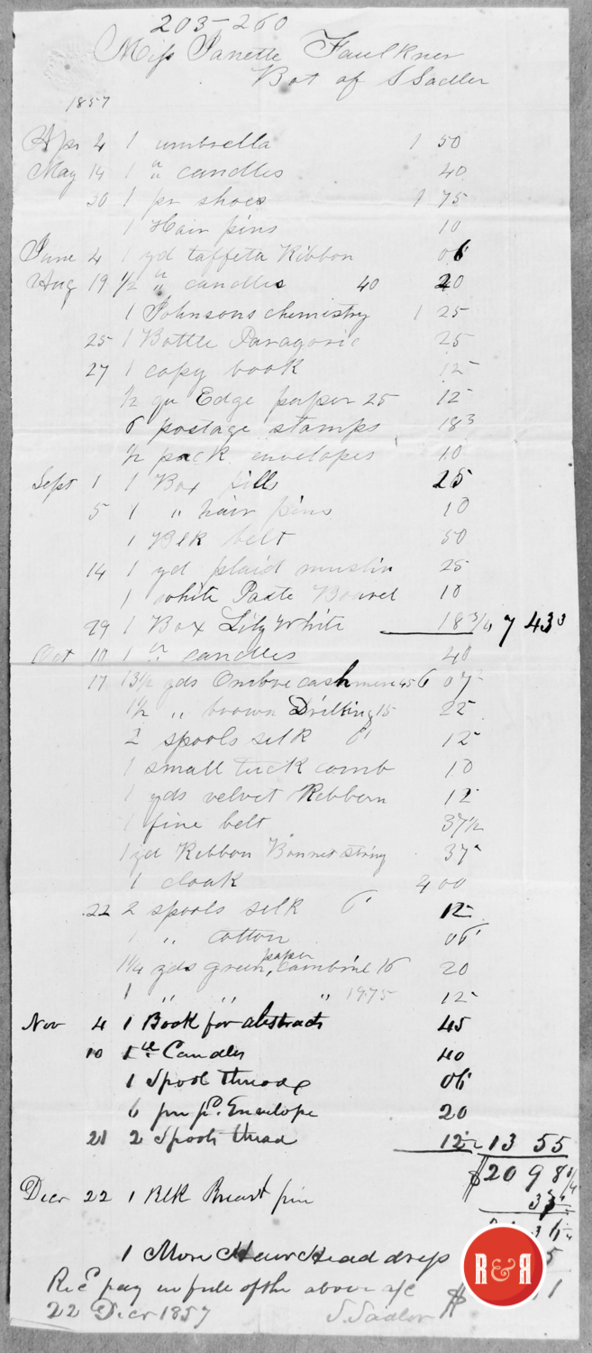 LIST OF GOODS PURCHASED AT S. SADLER CO., - 1857