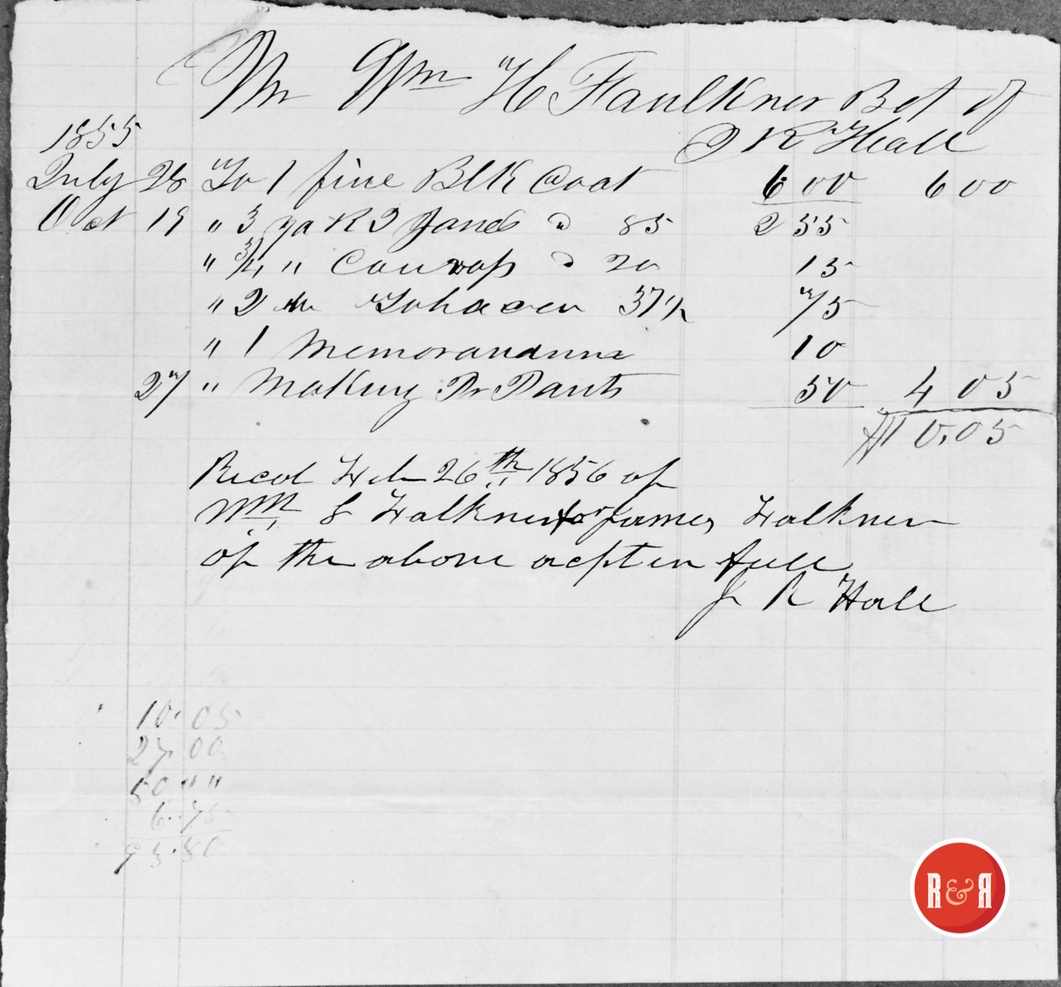 RECEIPT FROM J.R. HALL - CLOTHING