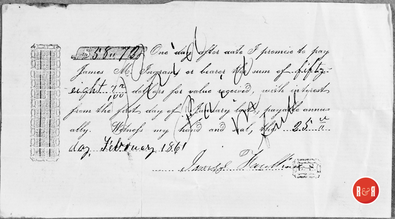NOTE OF PAYMENT TO JAMES M. INGRAM - 1861