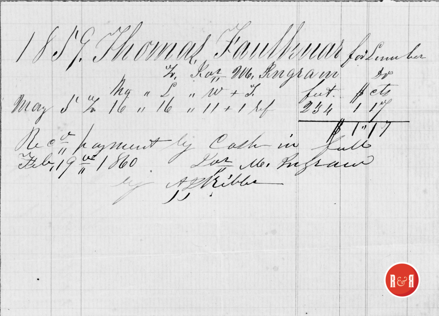 LUMBER PURCHASED VIA JAMES M. INGRAM (MILLER IN LANCASTER CO SC) - 1859
