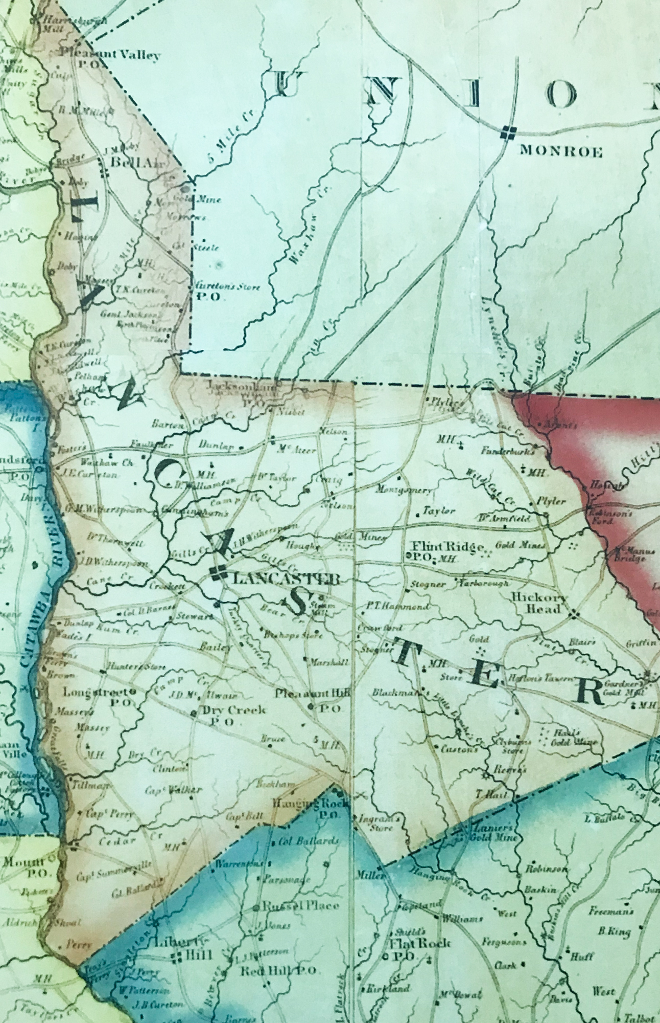 COLTON'S 1854 MAP OF LANCASTER CO SC - ENLARGED