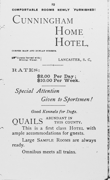 Cunningham Hotel ad from the Lancaster Promotional Booklet, ca. 1900