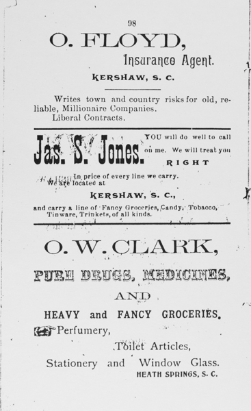 O. Floyd Insurance (Kershaw SC), James S. Jones (Fancy Groceries), O.W. Clark (Drugs - Heath Springs),