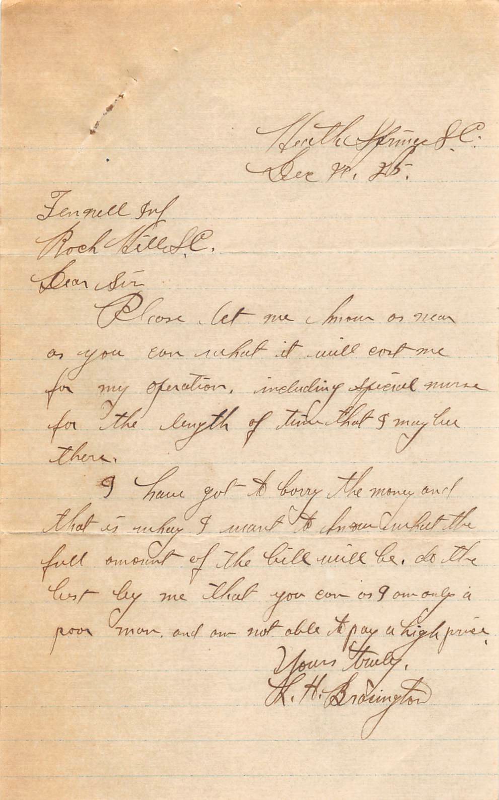 L.H. Brasington's Letter to Dr. W.W. Fennell - 1925