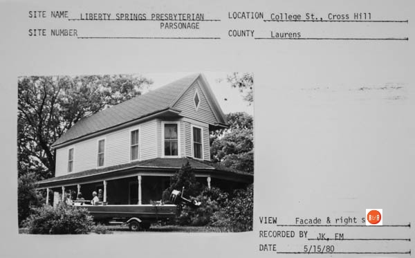 View of the parsonage in 1980.  Courtesy of the SC Dept. of Archives and History
