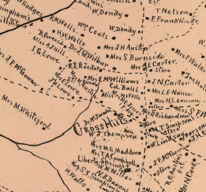 A section of the Laurens Co SC Map of 1883, showing the location of Cross Hill and the old roads before crossing Cane Creek.  Courtesy of the Library of Congress.