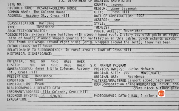 Courtesy of the SC Dept. of Archives and History – 1980