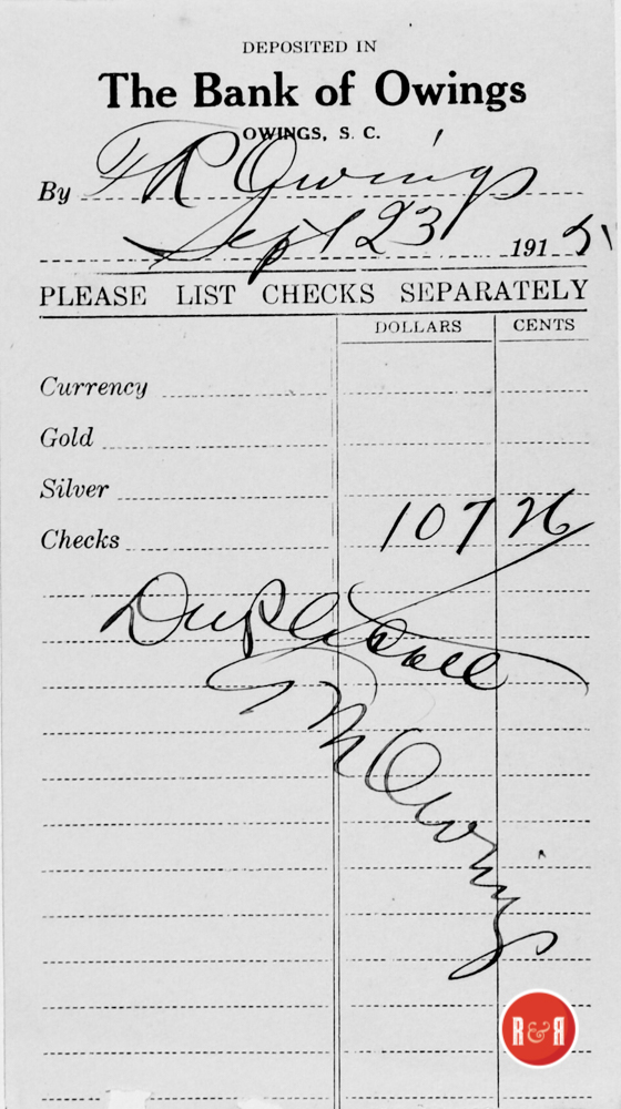 RECEIPT FROM THE BANK OF OWINGS