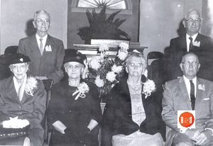 Fifty Years Charter Members: 1st row – Mrs. Arch (Evie) Owings, Mrs. W.T. (Eula) Owings, Mrs. Tom (Rebecca) Ball, Tom Ball, Back row – W.T. (Willie) Owings, John B. Owings